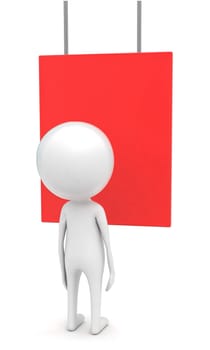 3d man looking a hanging board concept in white isolated background - 3d rendering , front angle view