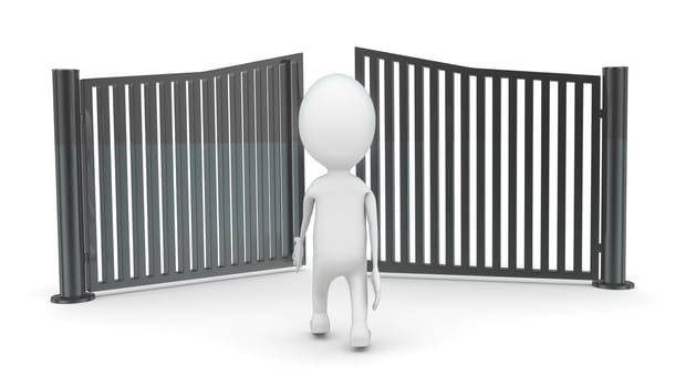 3d man running and try to escape from closing gates concept on white background - 3d rendering, front angle view
