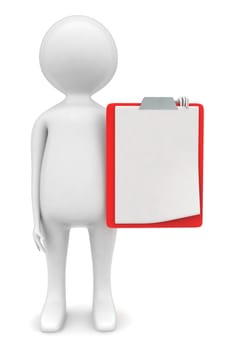 3d man holding a red clipboard concept in white isolated background , front angle view