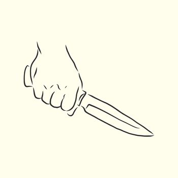 Hand holding a sharp knife or dagger logo element - vector line art illustration.