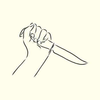Hand holding a sharp knife or dagger logo element - vector line art illustration.