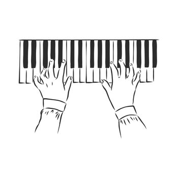 Sketch illustration of human hands playing the piano on a retro background. Musical creative invitation.