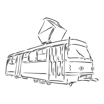 Set of vintage trams. Retro transport. Old times. Vector hand drawn sketch.