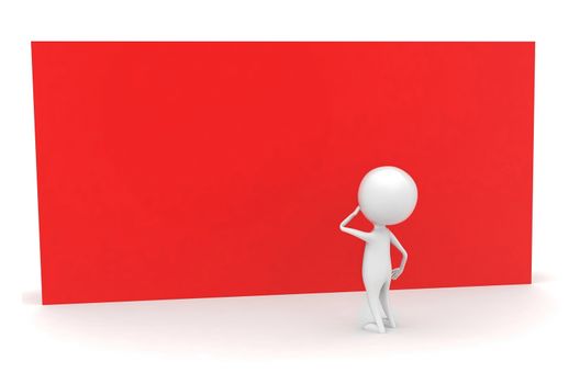3d man looking at red wall concept in white isolated background - 3d rendering , front angle view