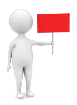 3d man holding red board in hands concept in white isolated background ,front angle view