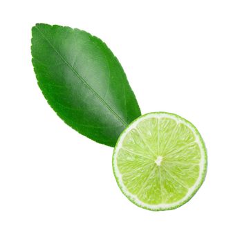 Half with slice of fresh green lime isolated over white background.