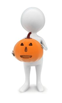 3d man holding halloween plumkin concept in white isolated background , top angle view