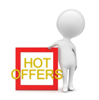 3d man presenting hot offers concept in white isolated background - 3d rendering , front angle view