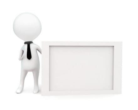 3d man wearing tie and presenting white board concept in white isolated background - 3d rendering , front angle view