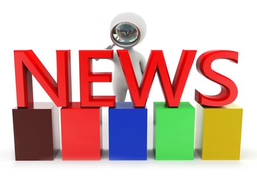 3d man searching news concept in white background - 3d rendering, front angle view