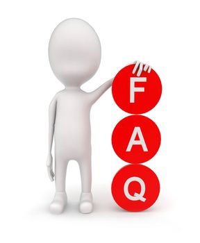 3d man presenting FAQ circle concept on white background - 3d rendering , front angle view