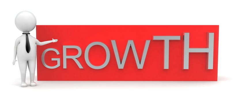 3d man presenting growth text in a box concept in white isolated background , front angle view