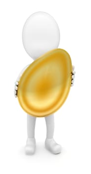 3d man holding a golden egg in hands concept in white isolated background - 3d rendering , front angle view