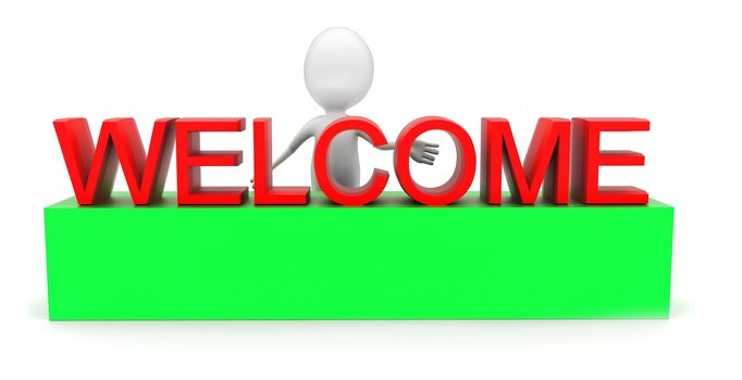 3d man presenting welcome text concept in white isolated background - 3d rendering , front angle view