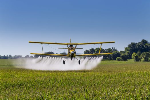 A crop duster applies chemicals to a field of vegetation.