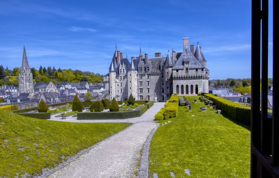 Langeais castle in the Loire region with beautiful gardens, France.