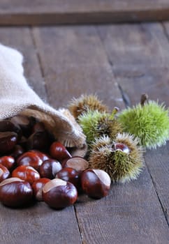 Chestnuts on wooden table in the kitchen.