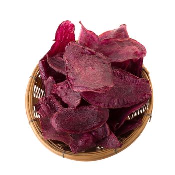 purple potatoes Sliced and fried crisps In the basket isolated on white background.