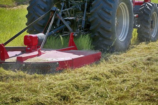 Close up of Large red tractor mowing green farmers pasture