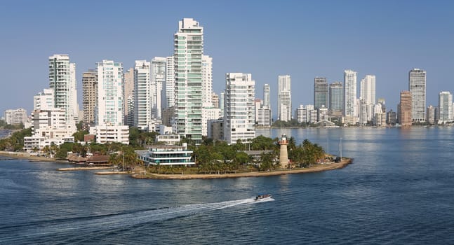 Cartagena, Columbia, January 2019. Sea view on Caribbean cost, skyline.