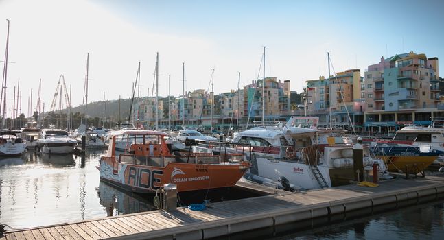 Albufeira, Portugal - May 3, 2018: view of the luxurious marina of Albufeira where are parked tourist boats on a spring day