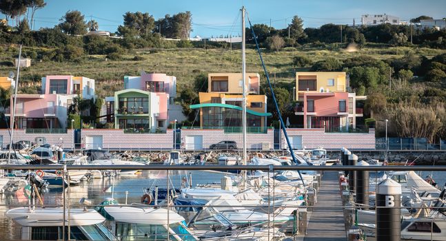 Albufeira, Portugal - May 3, 2018: view of the luxurious marina of Albufeira where are parked tourist boats on a spring day