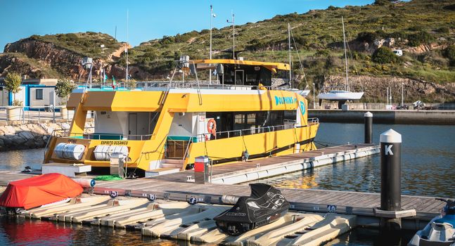 Albufeira, Portugal - May 3, 2018: view of the luxurious marina of Albufeira where are parked tourist boats on a spring day