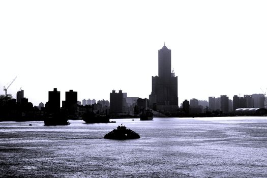 Kaohsiung City and port seen in black and white silhouette