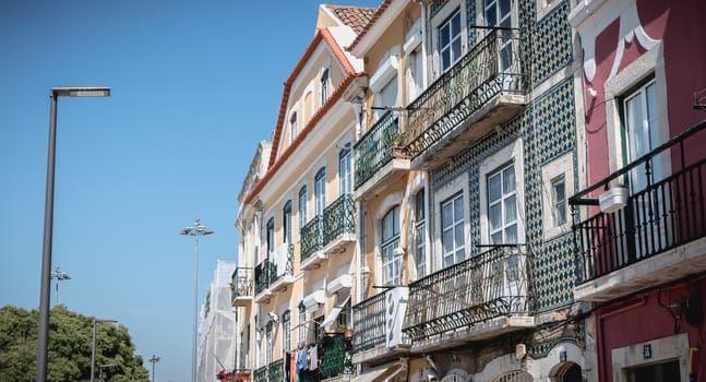 Lisbon, Portugal - May 7, 2018: Architectural detail of buildings typical of historic downtown on a spring day