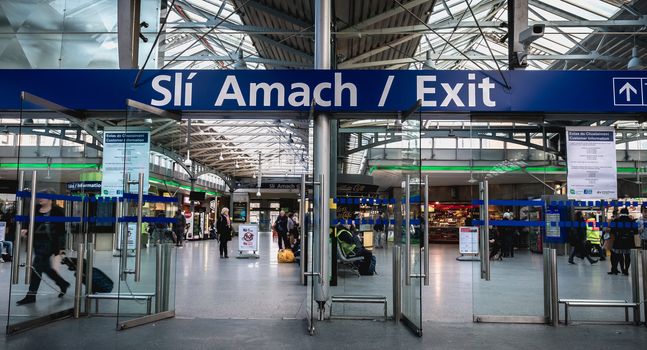 Dublin, Ireland - February 13, 2019: atmosphere inside Heuston train station where people walk in the city center on a winter day