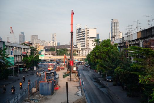 Bangkok, Thailand - November 15, 2019 : Cars on busy road in the Bangkok city, Thailand. Many cars use the street for transportation in rushhour with a traffic jam