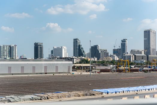 Bangkok, Thailand - November 16, 2019 : Construction site of Railroad tracks for railway train in Bangkok city is a big infrastructure for transportation in Bangkok Thailand.