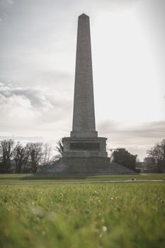 Architectural detail of the Wellington Testimonial obelisk in the Phoenix Park of Dublin, Ireland on a winter day