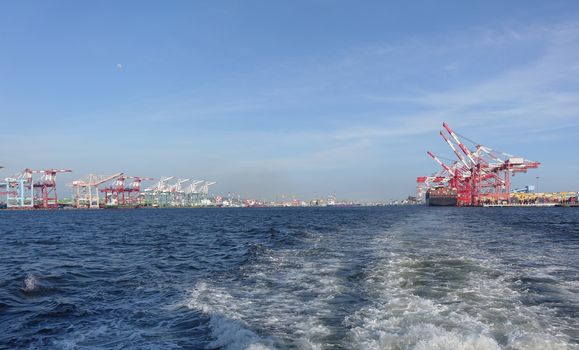 View of the Kaohsiung container port in Taiwan from the water
