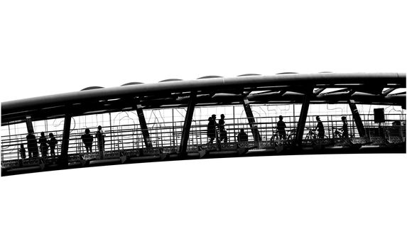Outline silhouette of pedestrians on a bridge