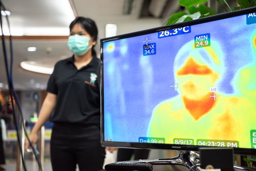 Bangkok, Thailand - March 18, 2020 : Unidentified people waiting body temperature check to access building for against epidemic flu covid19 or corona virus by thermoscan or infrared thermal camera