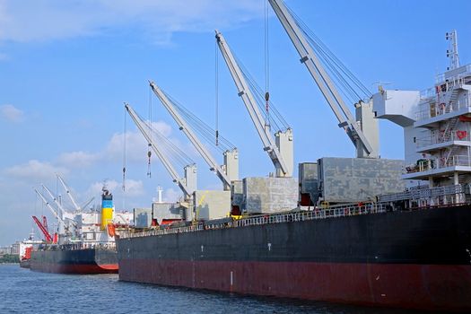 Two large cargo vessels equipped with loading cranes are docked at the harbor
