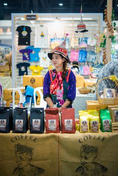 Bangkok, Thailand - December 21, 2019 : Unidentified chef cooking a food for show and sale to customers in the coffee and food exibition show event OTOP.