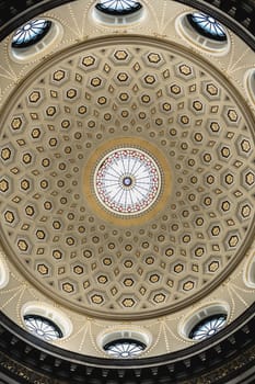 Dublin, Ireland - February 16, 2019: Architectural detail of the interior of the Dublin City Hall originally called the Royal Exchange, which tourists visit on a winter day