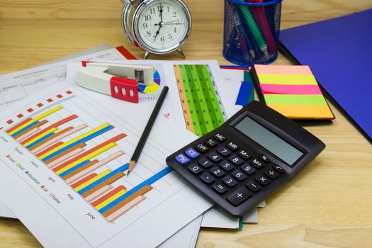 business paper graphs calculator pencil with charts report, concept financial planning, concepts business and cost.
