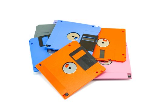 A floppy disk , also called a floppy, diskette , or just disk were a ubiquitous form of data storage isolated on white background