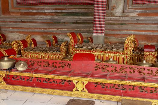 Musical instruments in a Hindu temple on Bali island, Indonesia. Gamelan or gamelang is a musical instrument that is played using hammers. Musical instruments used in ceremonies. Spiritual atmosphere.