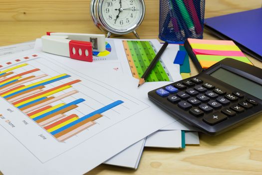business paper graphs calculator pencil with charts report, concept financial planning, concepts business and cost.
