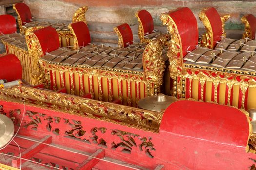 Musical instruments in a Hindu temple on Bali island, Indonesia. Gamelan or gamelang is a musical instrument that is played using hammers. Musical instruments used in ceremonies. Spiritual atmosphere.