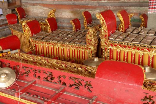Musical instruments in a Hindu temple on Bali island, Indonesia. Gamelan or gamelang is a musical instrument that is played using hammers. Musical instruments used in ceremonies. Spiritual atmosphere.
