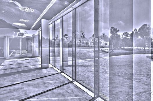 Light, glass and reflection in a building with modern architecture
