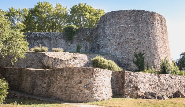 Montaigu, France - August 2, 2018: Architectural detail of the medieval castle of Montaigu in the city center on a summer day