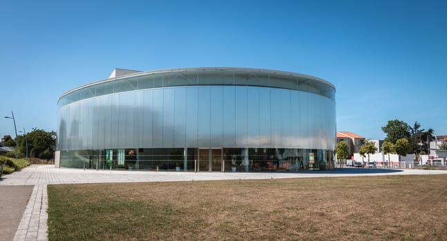 Montaigu, France - August 2, 2018: Architectural detail of the modern Thalie Theater in the city center on a summer day