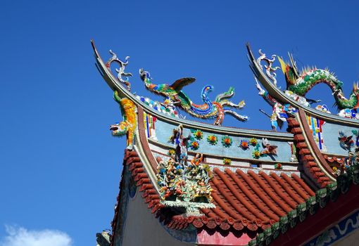 Chinese temple roof ridge decorated with mythological beasts
