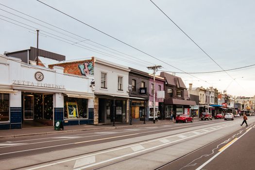 Melbourne, Australia - June 13, 2020: The famous and popular shopping street of Brunswick St in Fitzroy, Victoria, Australia